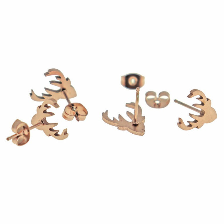 Rose Gold Stainless Steel Earrings - Reindeer Studs - 13mm x 11mm - 2 Pieces 1 Pair - ER492