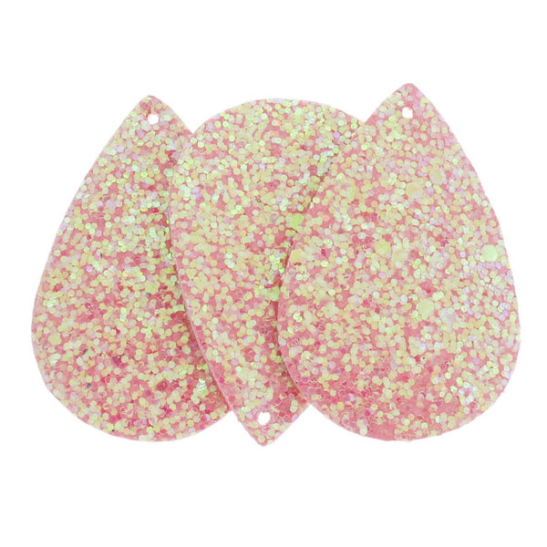 Imitation Leather Teardrop Pendants - Pink Sequin Glitter - 4 Pieces - LP232