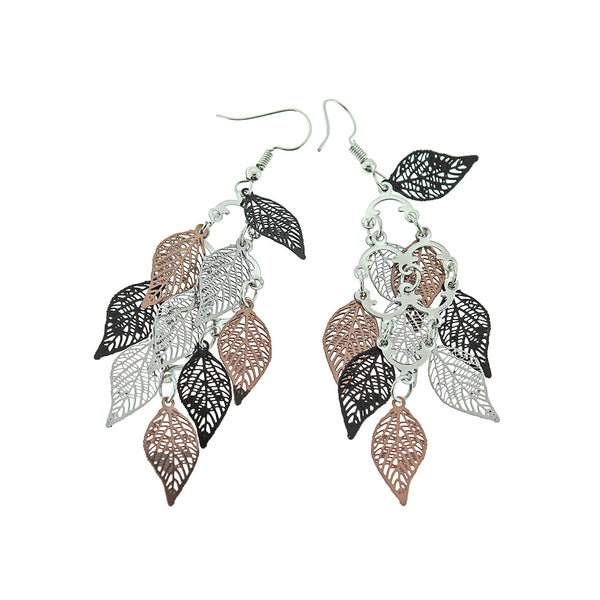 Black Silver Filigree Leaf Dangle Earrings - French Hook Style - 81mm - 2 Pieces 1 Pair - Z1303