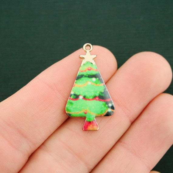 4 Christmas Tree Gold Tone Enamel Charms - E548