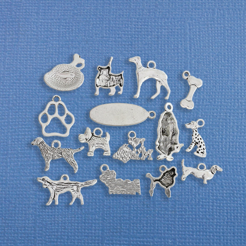 Deluxe Dog Charm Collection Antique Silver Tone 15 Different Charms - COL210