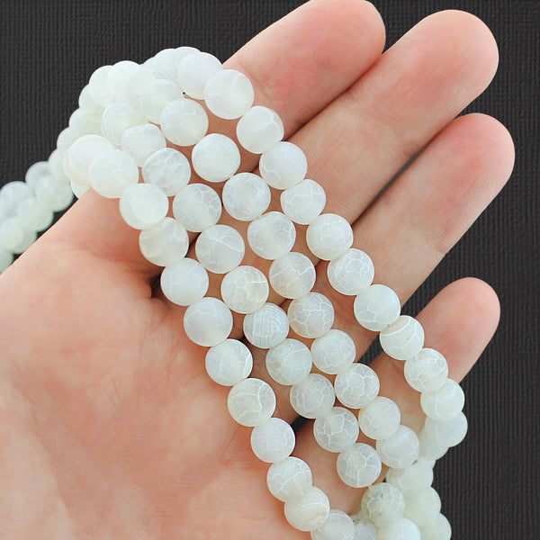 Perles rondes en agate naturelle 8 mm - Craquelé blanc givré - 1 brin 46 perles - BD1734