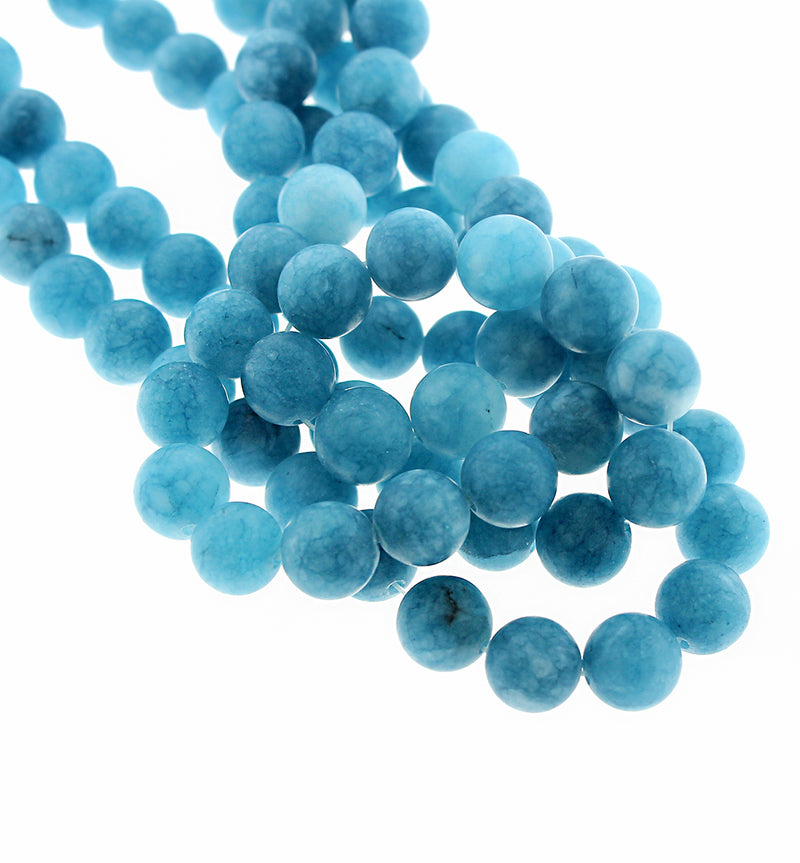 Perles rondes en jade blanc naturel 10 mm - Bleu acier givré - 1 rang 38 perles - BD1755