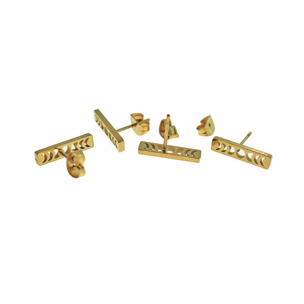 Rectangle Gold Tone Titanium Steel Earring Studs - Moon Phase - 15mm - 2 Pieces 1 Pair - ER785
