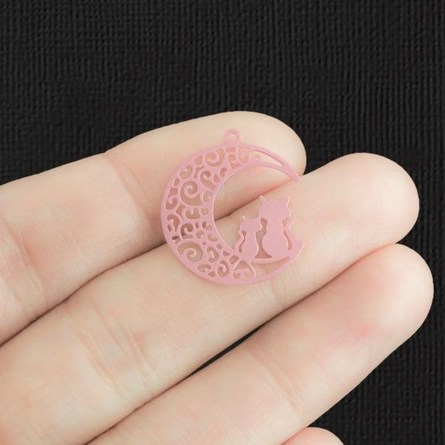 4 Cat Crescent Moon Pink Enamel Stainless Steel Charms 2 Sided - SSP342
