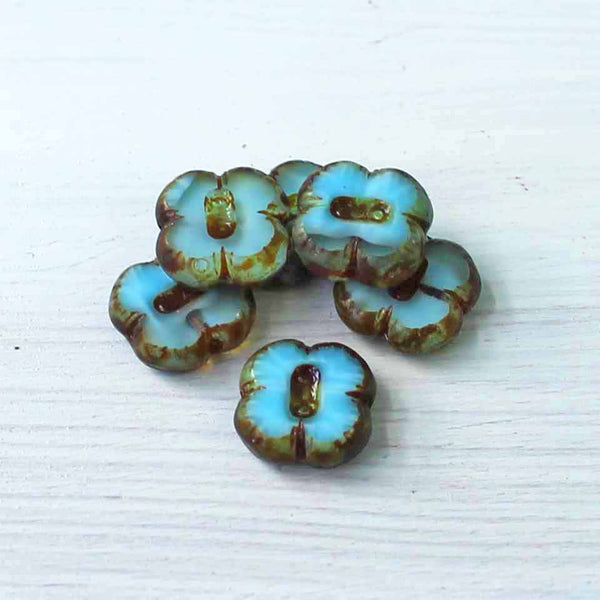 Daisy Flower Czech Pressed Glass Beads 12mm - Picasso Turquoise - 4 Beads - CB057