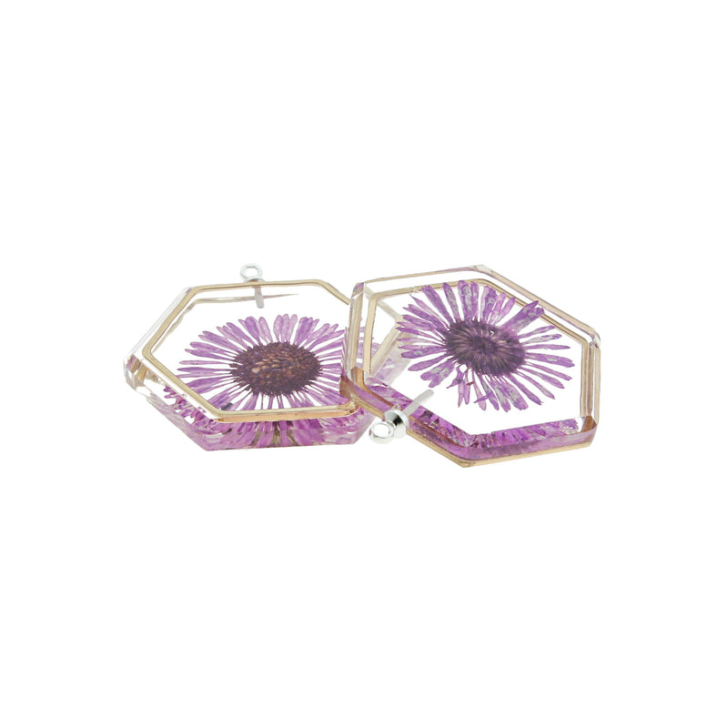 2 Purple Dried Flower Silver Tone and Resin Charms - K423