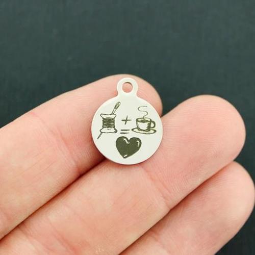 Sewing + Tea = Love Stainless Steel Small Round Charms - BFS002-2968