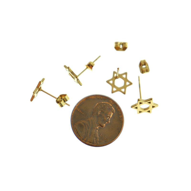 Boucles d'oreilles en acier inoxydable doré - clous étoile de David - 9,5 mm x 8 mm - 2 pièces 1 paire - ER806