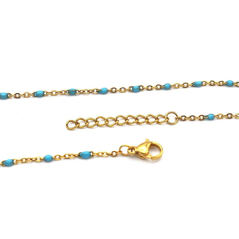 Light Blue Gold Tone Stainless Steel Cable Chain Bracelets 9" Plus Extender - 2mm - 5 Bracelets - N712