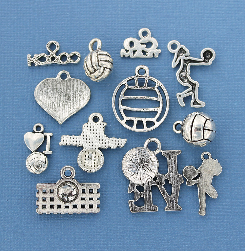 Deluxe Volleyball Charm Collection Antique Silver Tone 12 Different Charms - COL328
