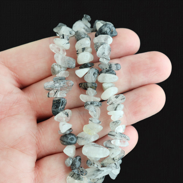 Chip Natural Rutilated Quartz Beads 5mm - 14mm - Milky White and Black - 1 Strand 225 Beads - BD1226