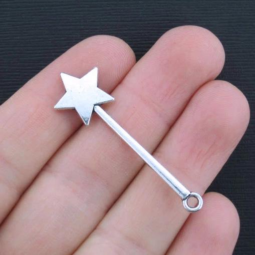5 Star Wand Antique Silver Tone Charms - SC3352