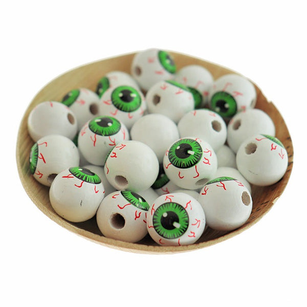 Perles Rondes en Bois 15mm - Boule d'Oeil d'Halloween - 10 Perles - BD2044