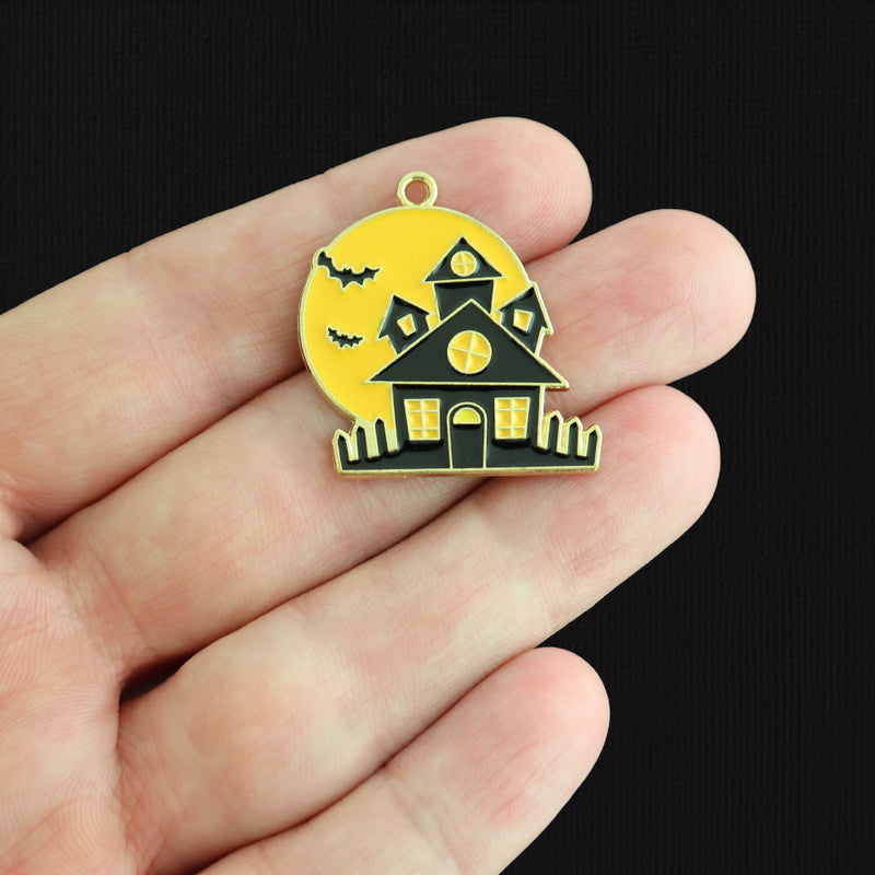 2 Haunted House Gold Tone Enamel Charms - E1609