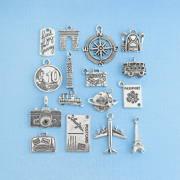 Deluxe Travel Charm Collection Antique Silver Tone 16 Different Charms - COL062