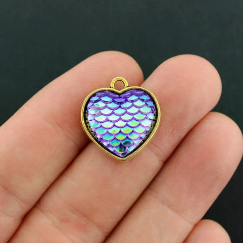 4 Mermaid Scale Heart Antique Gold Tone Resin Cabochon Charms - Z787