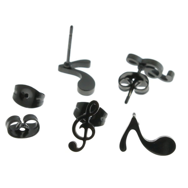 Boucles d'oreilles en acier inoxydable noir Gunmetal - clous de note de musique - 9 mm x 7 mm - 2 pièces 1 paire - ER408