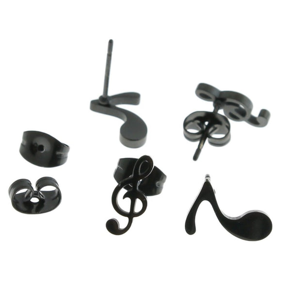Gunmetal Black Stainless Steel Earrings - Music Note Studs - 9mm x 7mm - 2 Pieces 1 Pair - ER408