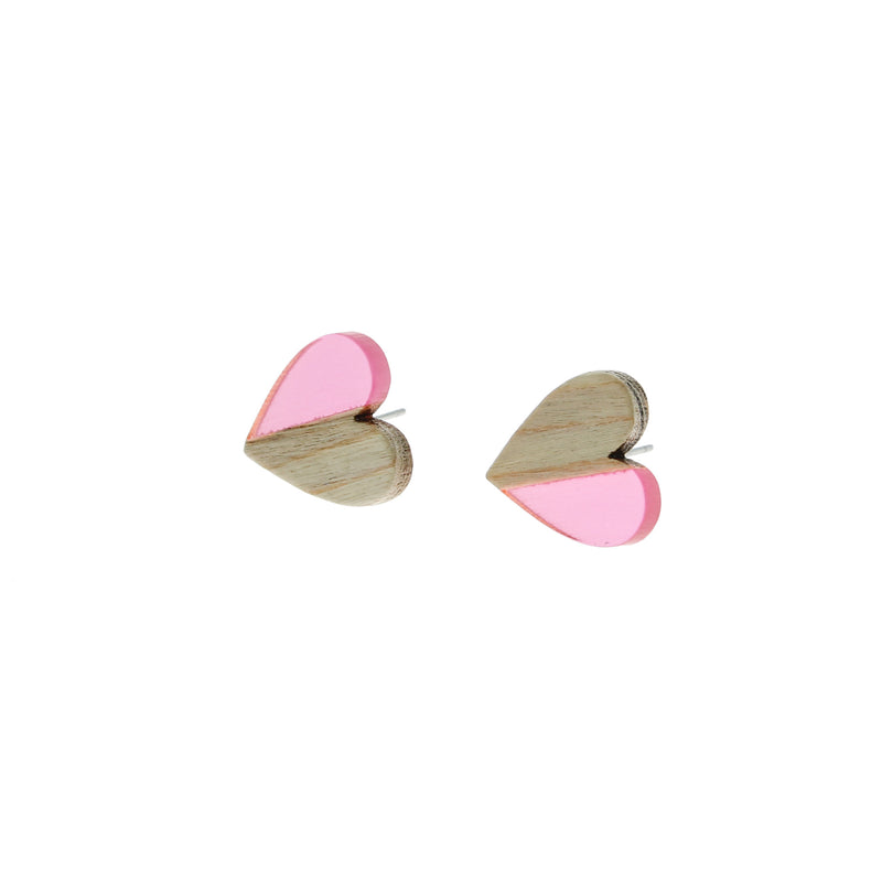 Wood Stainless Steel Earrings - Light Pink Resin Heart Studs - 15mm x 14mm - 2 Pieces 1 Pair - ER126
