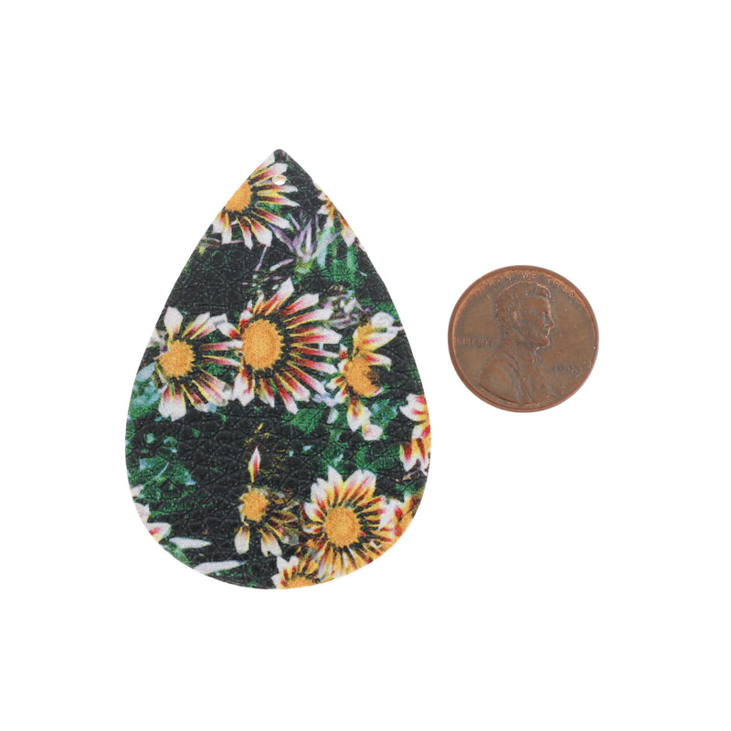 Imitation Leather Teardrop Pendants - Yellow Flower - 4 Pieces - LP243