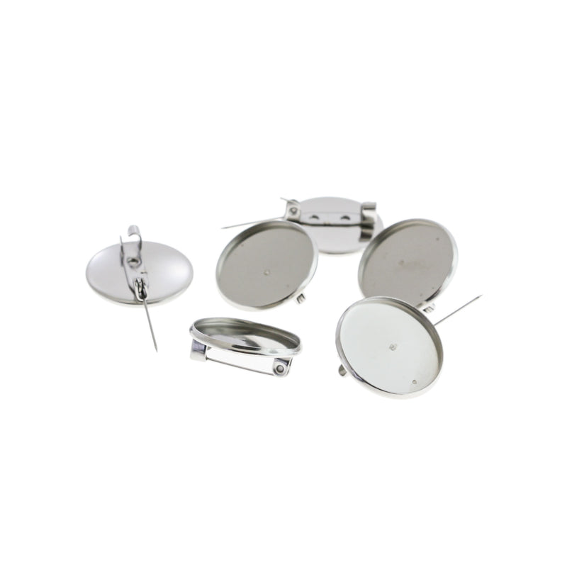 Stainless Steel Brooch Pins With Cabochon Settings - 20mm Tray - 4 Pieces - FD451