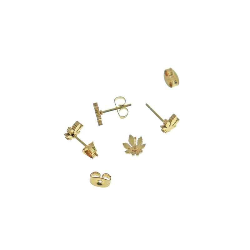 Gold Stainless Steel Earrings - Weed Leaf Studs - 7mm - 2 Pieces 1 Pair - ER431
