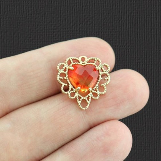 Orange Heart Rhinestone Gold Tone Brass Charm - DBD673