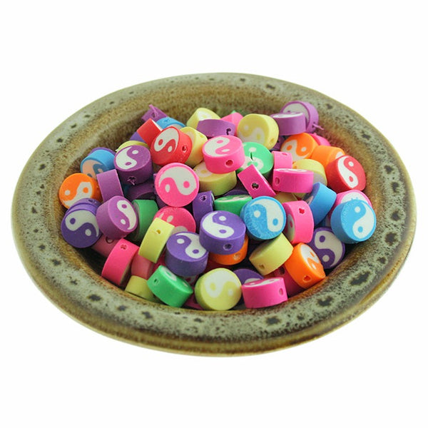 Flat Round Polymer Clay Beads 10mm x 5mm - Assorted Yin Yang - 50 Beads - BD412