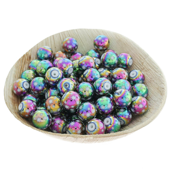 Perles de verre rondes 10 mm - Motif étoile arc-en-ciel galvanisé - 20 perles - BD107