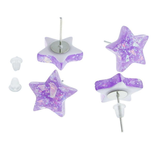 Boucles d'oreilles en résine - Clous d'étoiles à sequins violets - 14mm - 2 pièces 1 paire - ER381