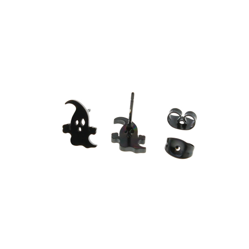 Gunmetal Black Stainless Steel Earrings - Ghost Studs - 10mm x 7mm - 2 Pieces 1 Pair - ER354