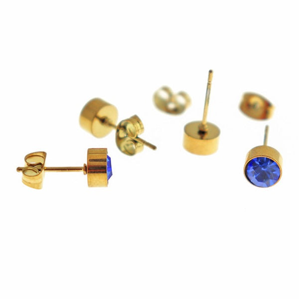 Gold Stainless Steel Birthstone Earrings - September - Sapphire Cubic Zirconia Studs - 15mm x 7mm - 2 Pieces 1 Pair - ER563
