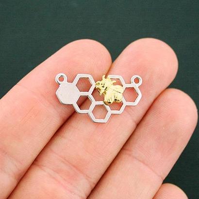 4 Honeycomb Bee Connector Silver and Gold Tone Charms - SC6126
