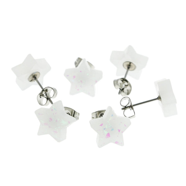 Boucles d'Oreilles Résine Acier Inoxydable - Clous Étoiles Paillettes Blanches - 11.5mm - 2 Pièces 1 Paire - ER359