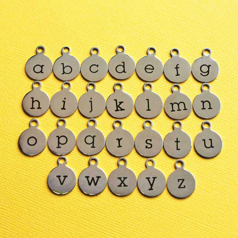 Stainless Steel Letter Charms - Full Alphabet 26 Letters - Lowercase Alphabet - 13mm With Loop - ALPHA1400BFS