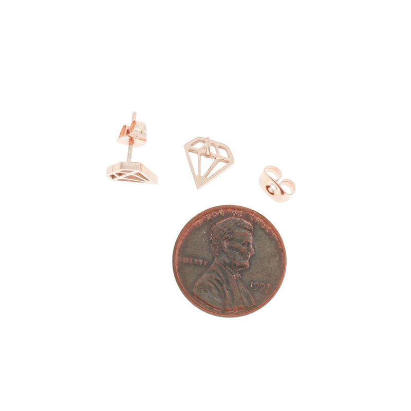 Boucles d'Oreilles en Acier Inoxydable Or Rose - Clous de Diamants - 9mm x 9mm - 2 Pièces 1 Paire - ER046