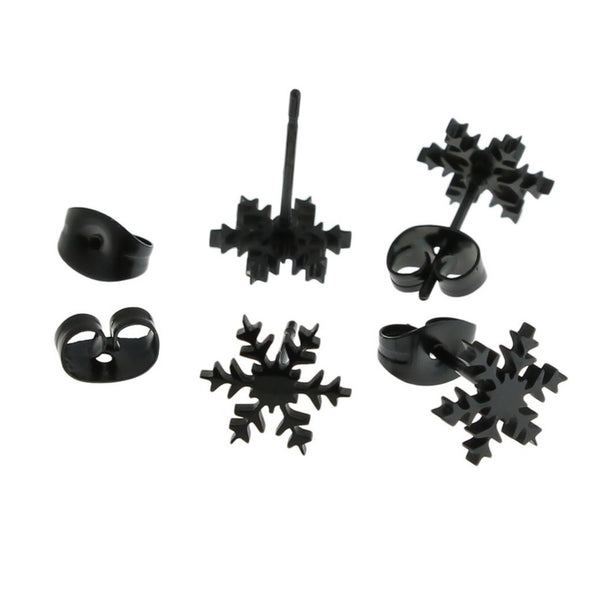 Gunmetal Black Stainless Steel Earrings - Snowflake Studs - 10mm - 2 Pieces 1 Pair - ER412