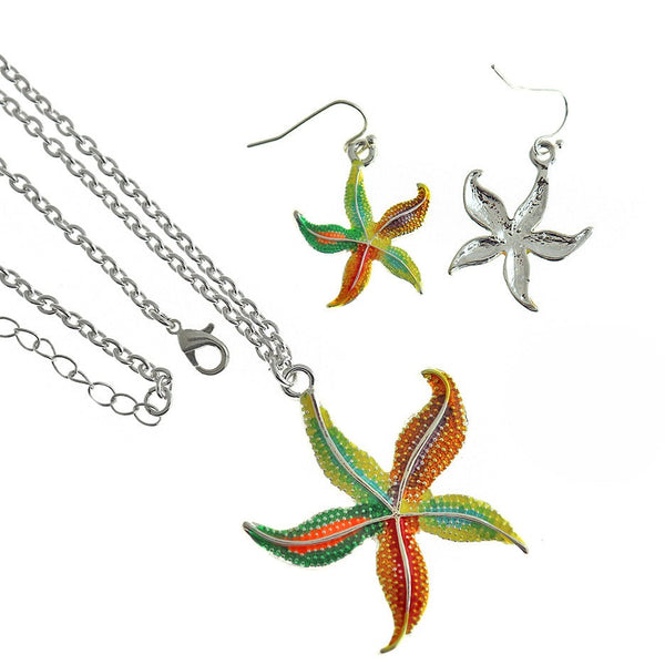 Starfish Enamel Silver Tone Cable Chain Necklace 18" With Starfish Earrings - 3mm - 1 Set 3 Pieces - Z515