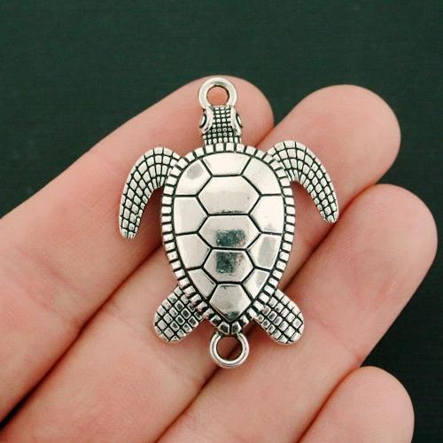 2 Turtle Connector Antique Silver Tone Charms - SC7585