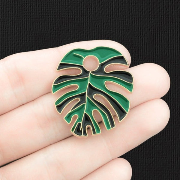 2 Tropical Leaf Gold Tone Enamel Charms - E1519