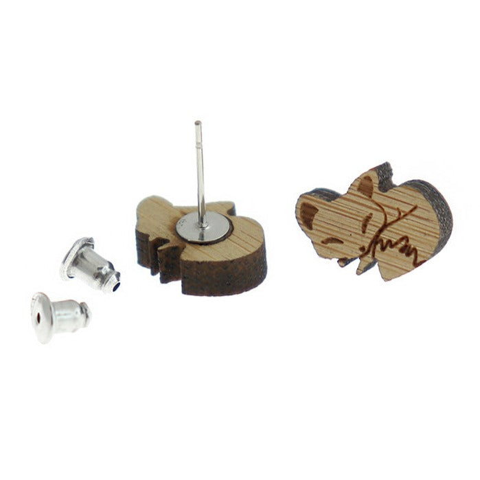 Wood Stainless Steel Earrings - Fox Studs - 13mm x 10mm - 2 Pieces 1 Pair - ER452