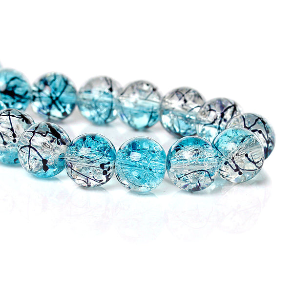 Round Glass Beads 10mm - Clear and Turquoise Crackle With Black - 1 Strand 84 Beads - BD786