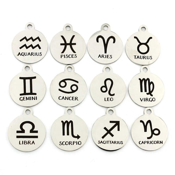 Zodiac Charm Collection Stainless Steel 12 Different Charms - Silver Round Classic Design - COL159