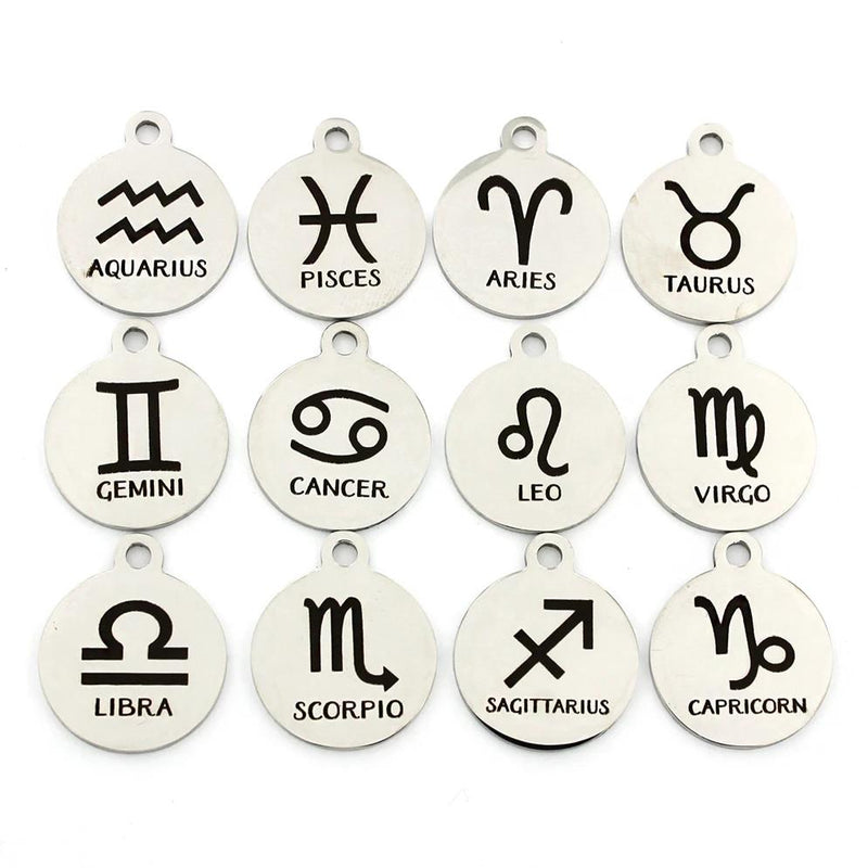 Zodiac Charm Collection Stainless Steel 12 Different Charms - Silver Round Classic Design - COL159