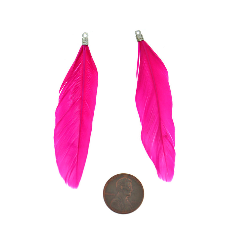Feather Pendants - Silver Tone and Hot Pink - 12 Pieces - Z1477
