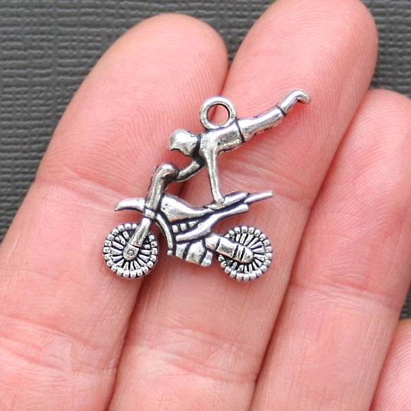 4 Motorcycle Antique Silver Tone Charms 2 Sided - SC926