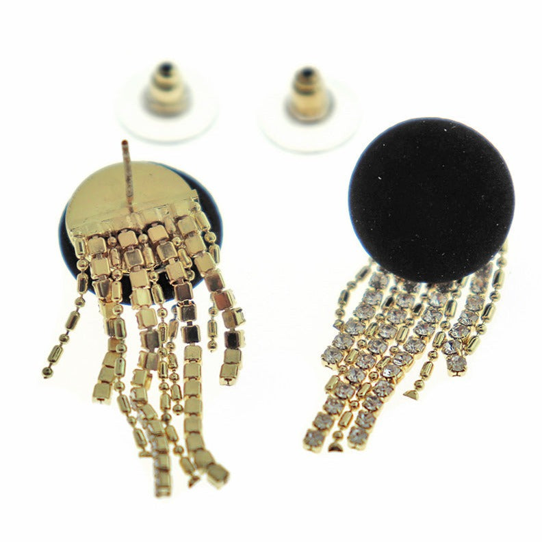 Gold Tone Earrings - Black Rhinestone Dangle Studs - 36mm x 14mm - 2 Pieces 1 Pair - ER533