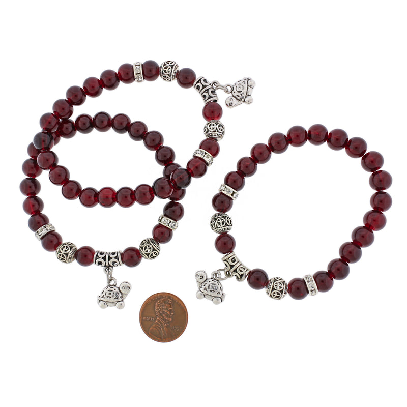 Round Glass Bead Bracelet 46mm - Red with Turtle Charm - 1 Bracelet - BB200