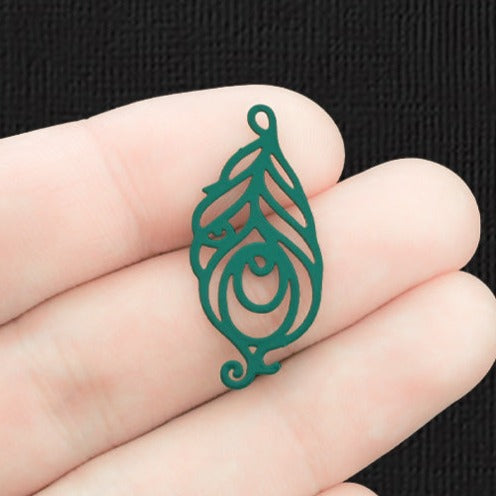 5 Feather Green Enamel Copper Charms 2 Sided - E1462
